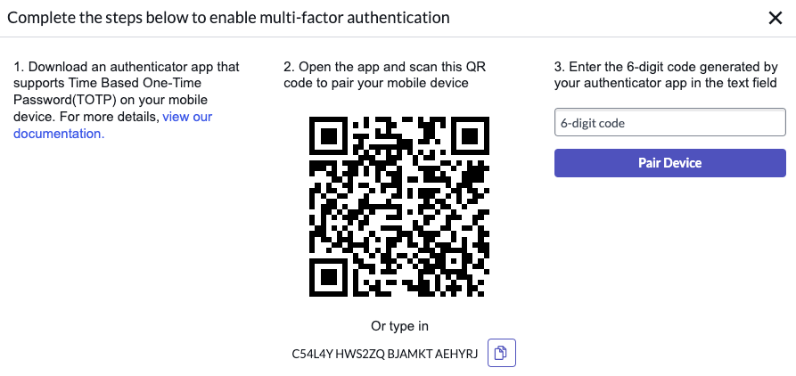 MFA Authenticator App setup screen