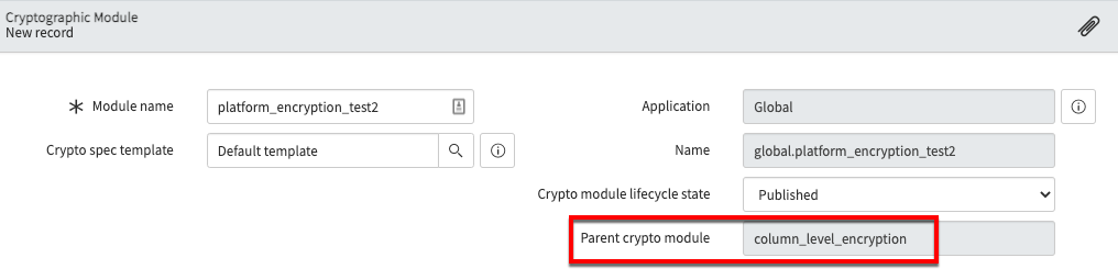 Shows new crypto module form for Field Encryption Enterprise.