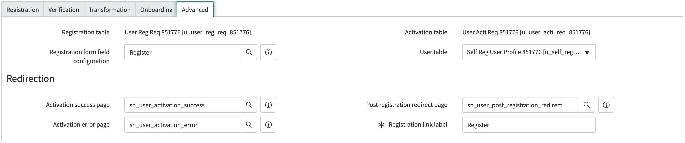 Advanced tab of User Registration Configuration