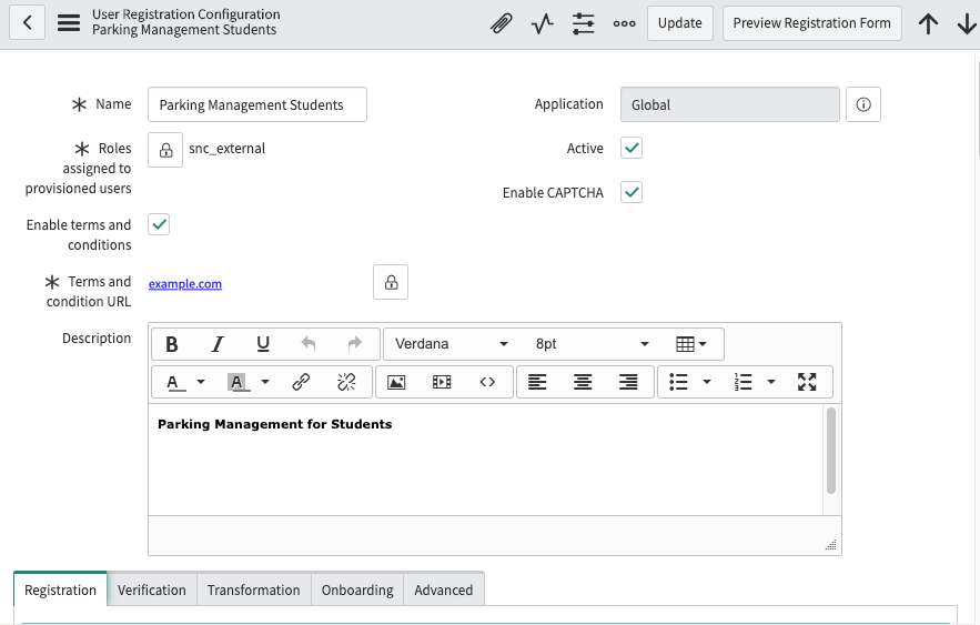 User Registration Configuration form