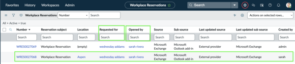 Workplace Reservations page showing updated reservations for an employee. If you have provided delegate access, it shows the column values for the delegate and the organizer.