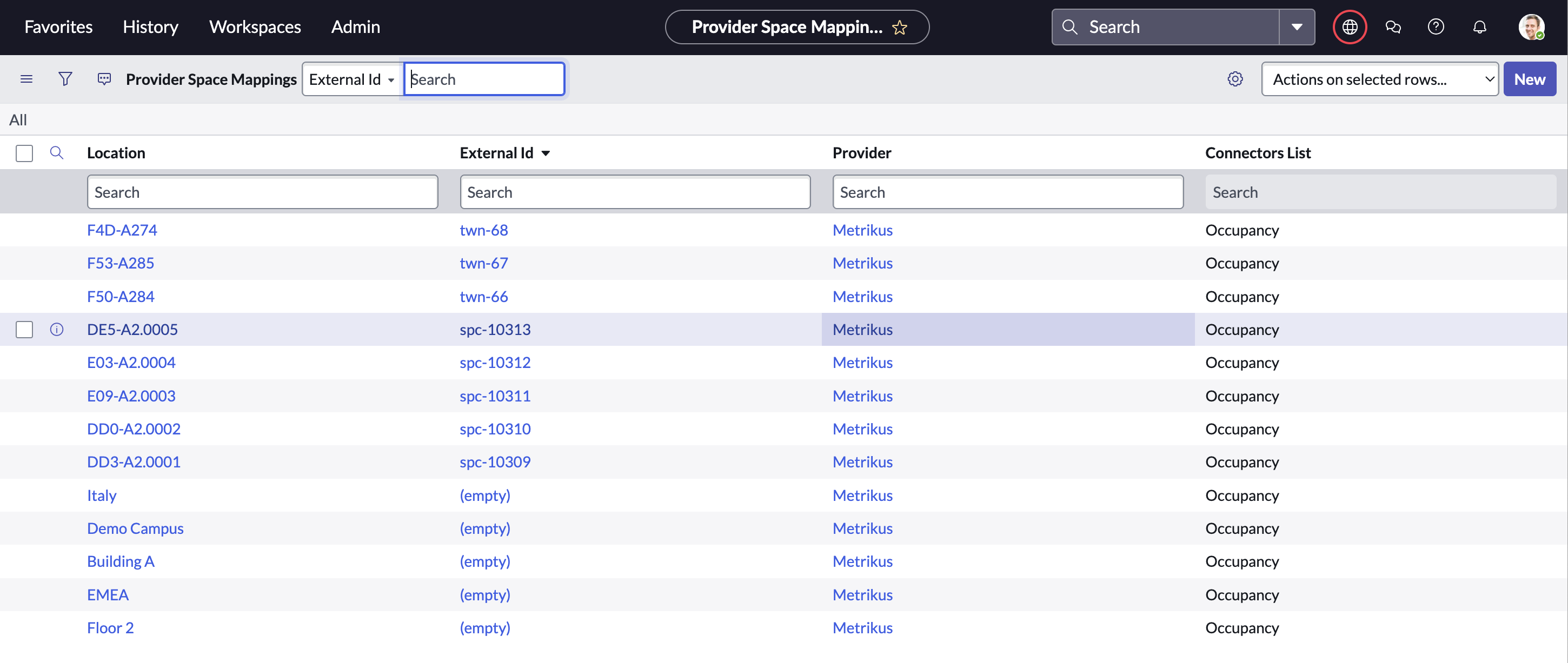 Provider space Mappings table showing mapped Workplace Service Delivery spaces with external IDs provided by Metrikus occupancy sensor.
