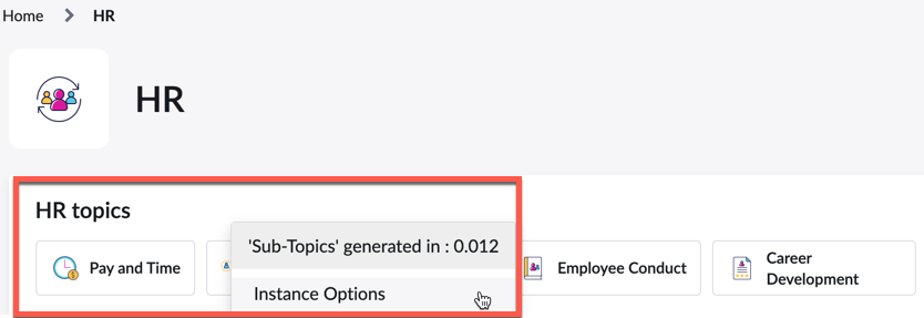 Child topics widget instance options. The HR child topics are shown as an example