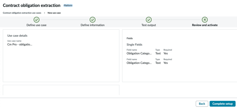 Complete setup button to activate the obligation extraction skill.