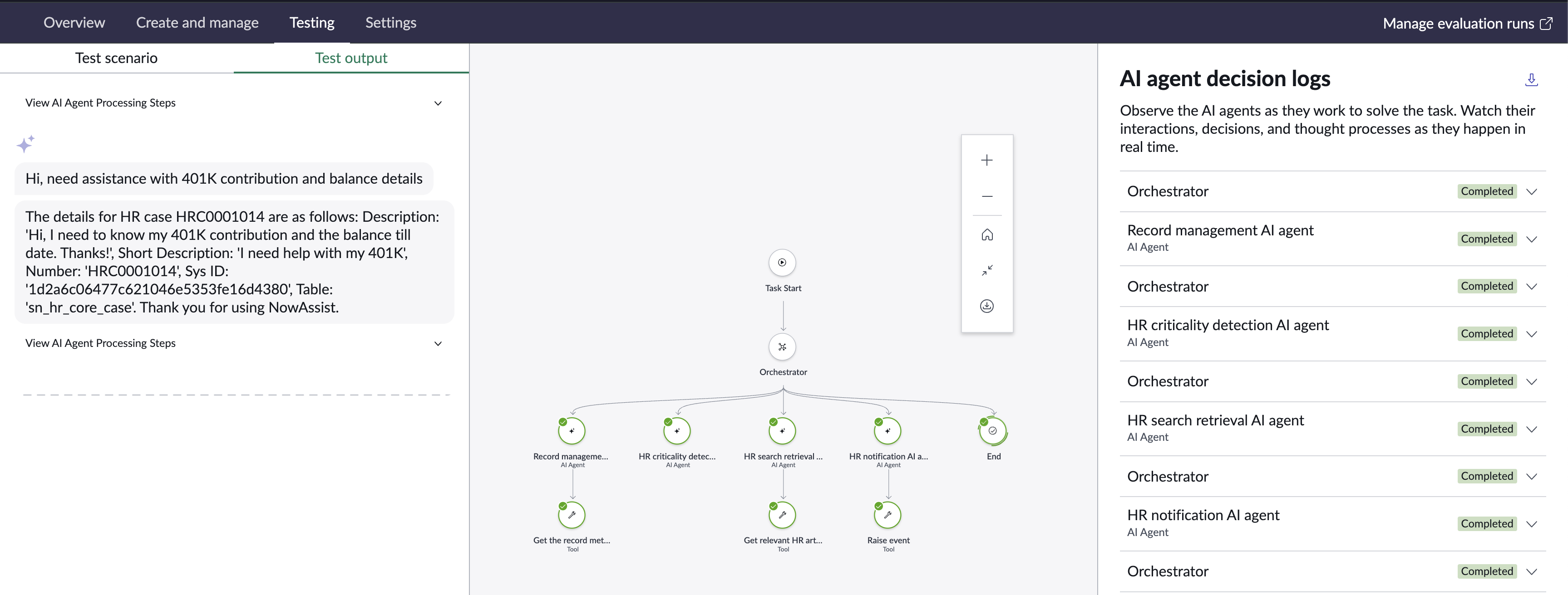 In AI Agent Studio where it shows the testing output for Resolving HRcase agentic workflow.
