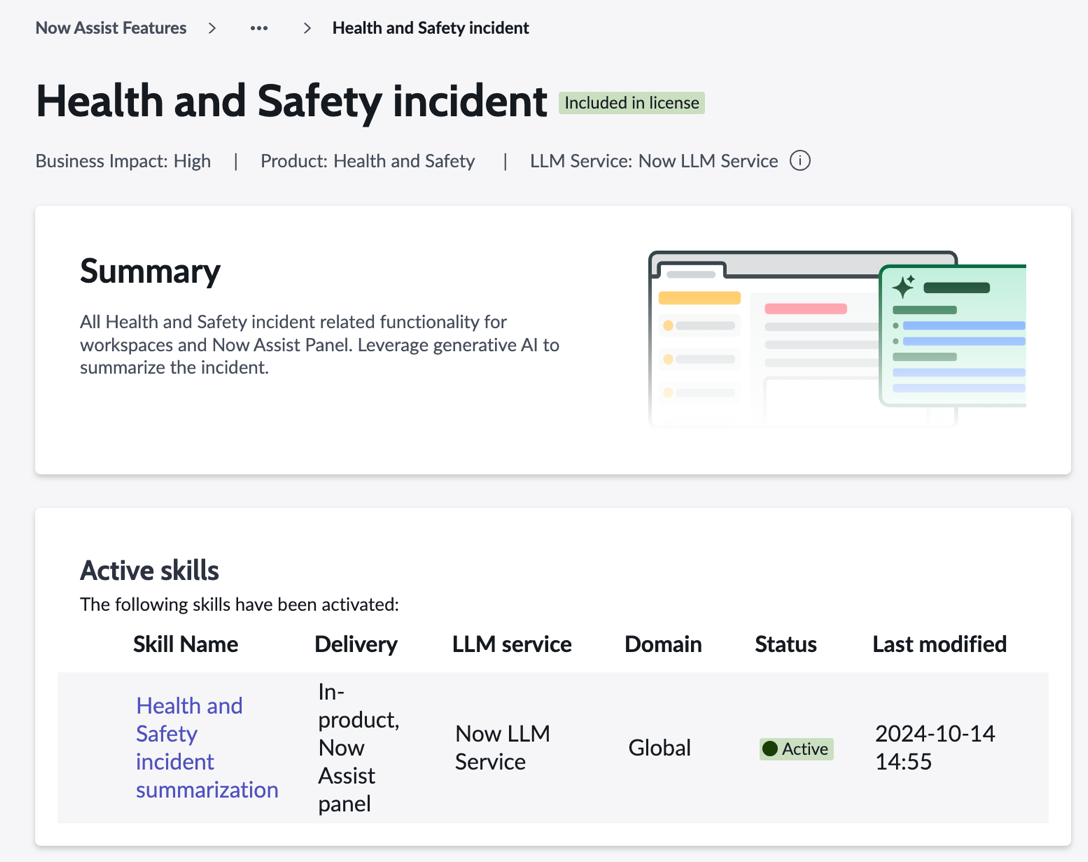 Active skills section displaying the active status for the Health and Safety incident summarization skill.
