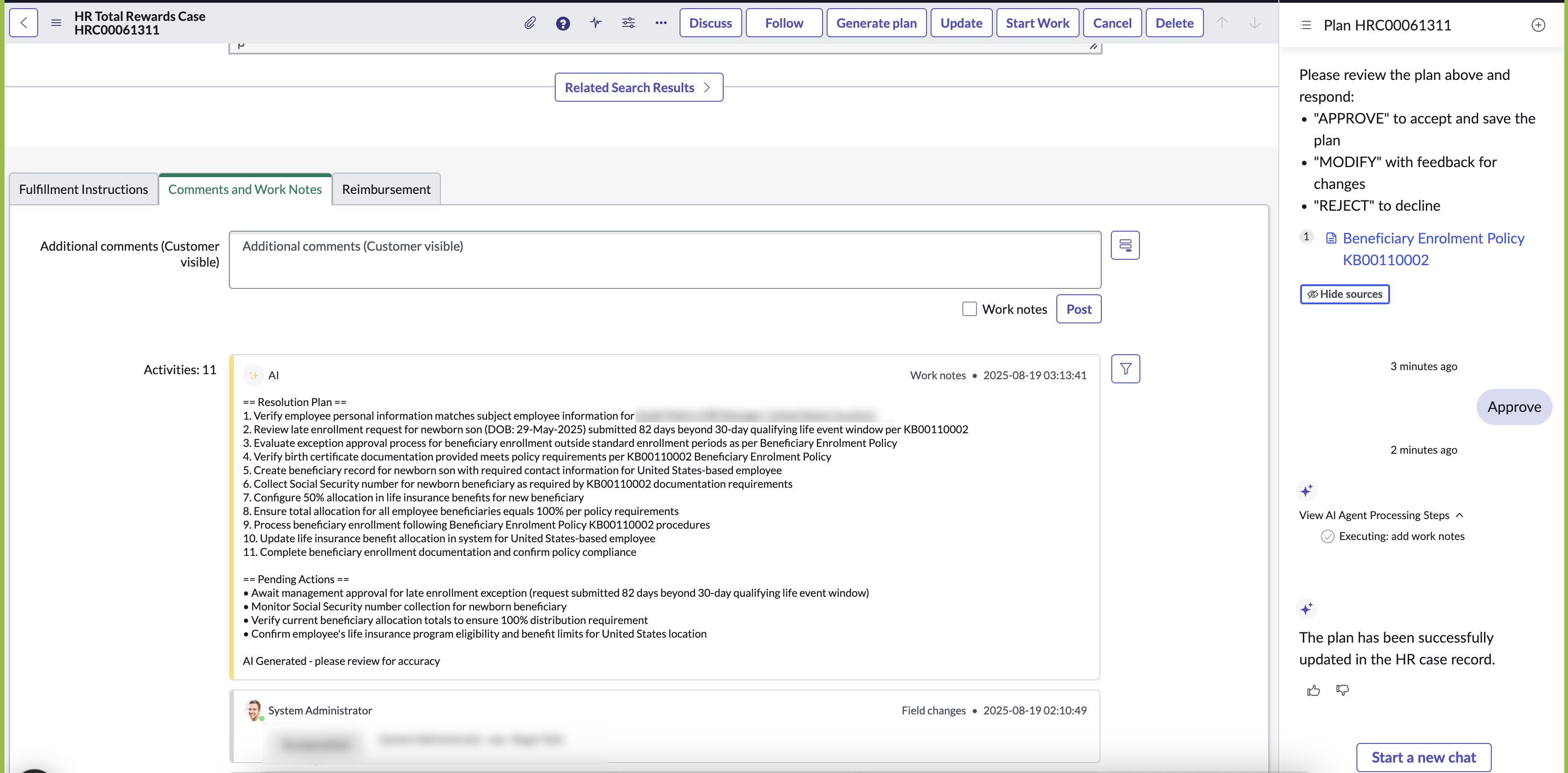 Fulfillment plan for an HR case on Core UI
