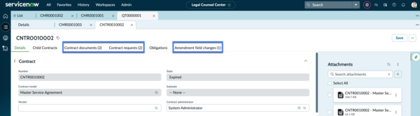 Contract repository record showing amendment related details