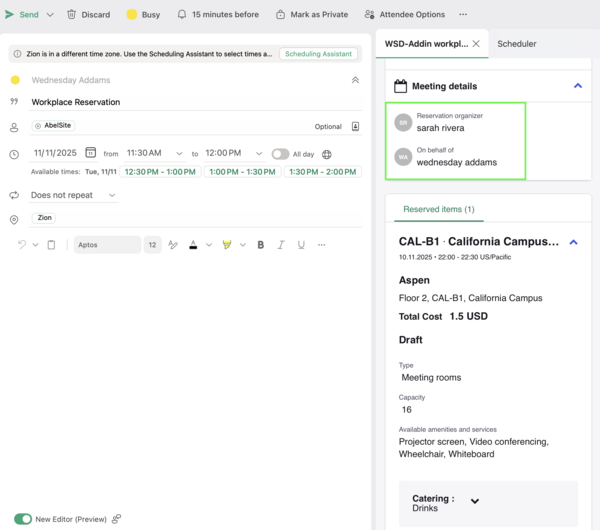 Reservation summary showing the Reservation organizer and on behalf of (employee with delegate access).