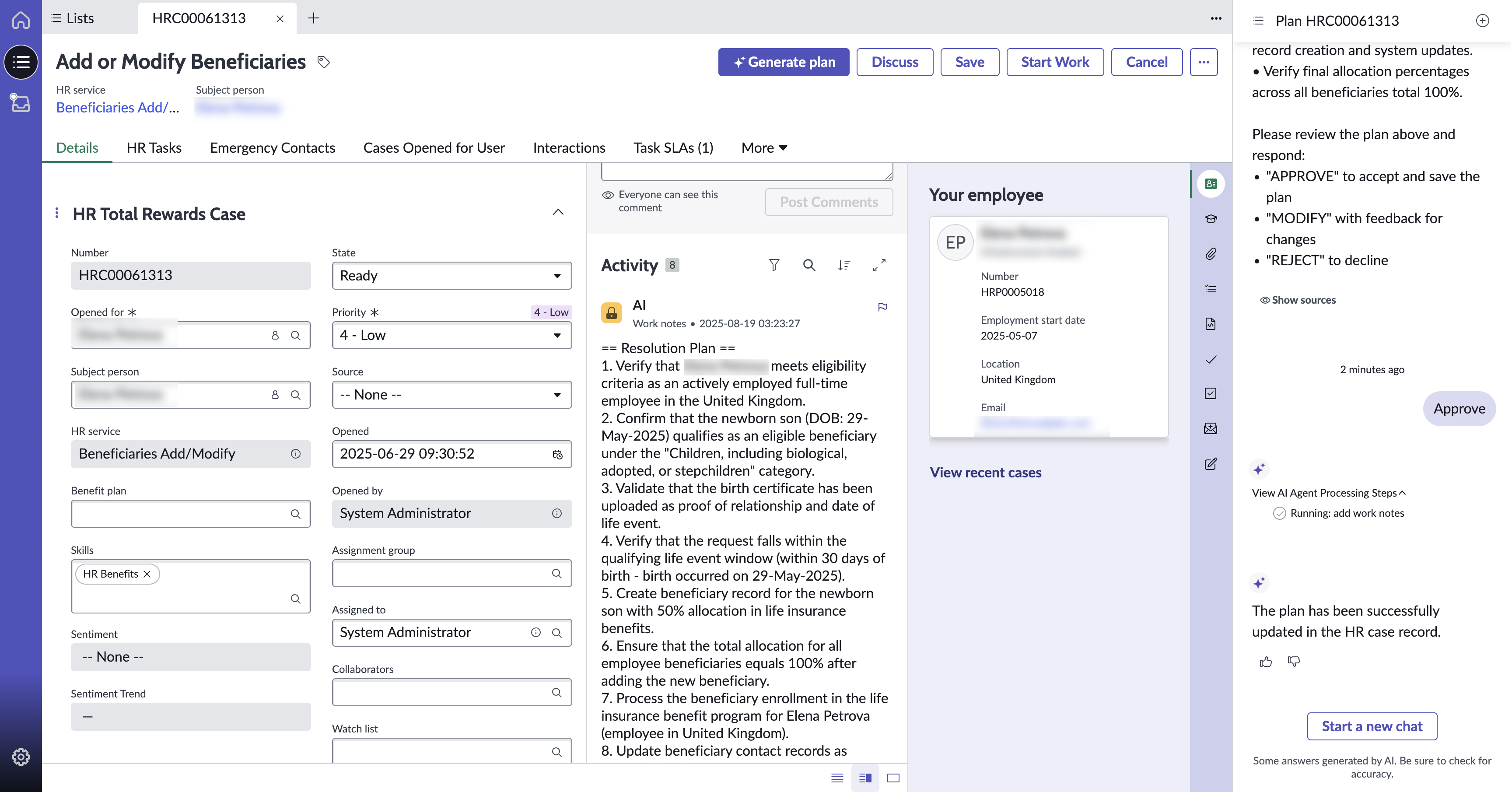Fulfillment plan for an HR case on Agent Workspace for HR Case Management