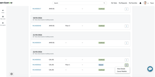Queued Waitlist record shows the View Details and Cancel Waitlist options.