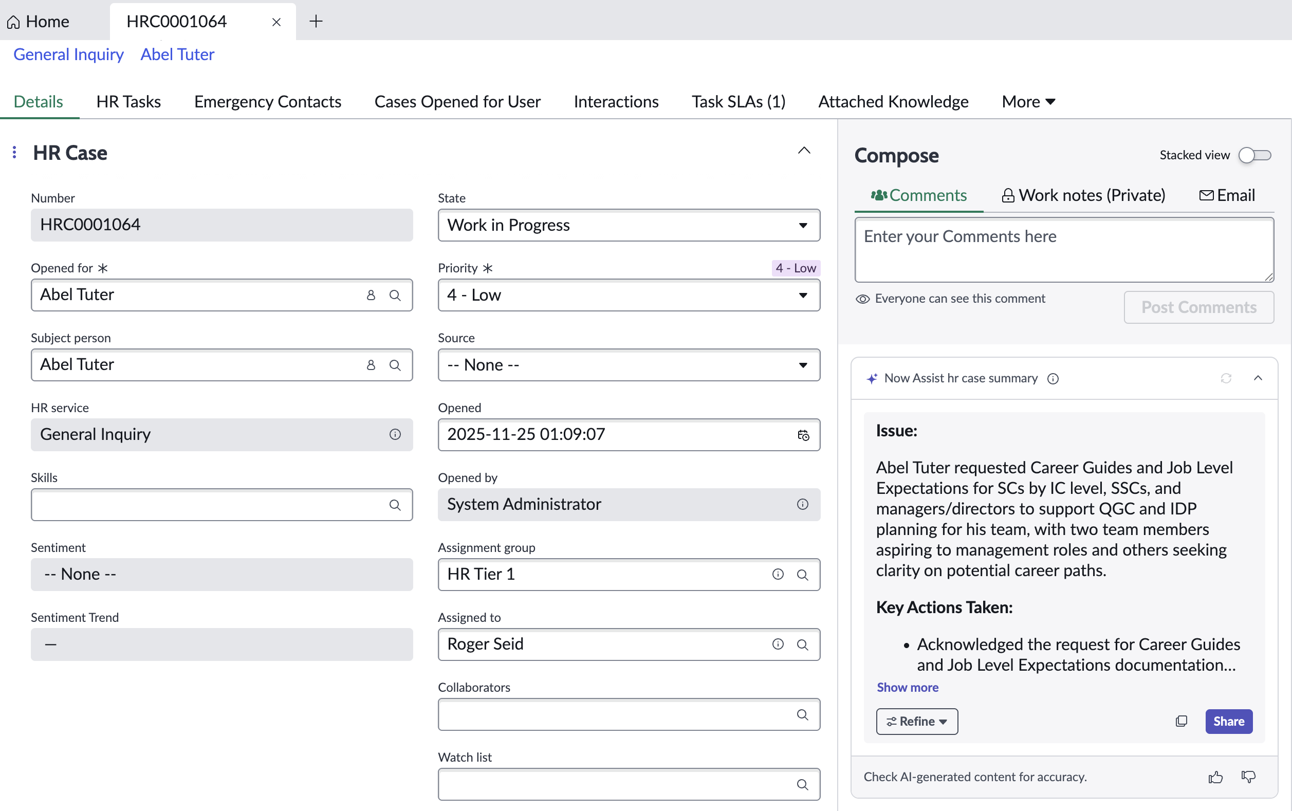 Case summary that is shown in Workspace. It lists the issue and actions taken.