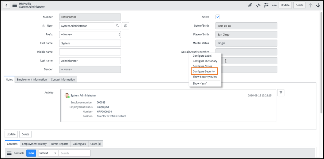 Reveal the Configure Security field from the HR profile form.