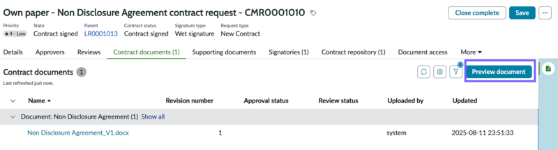Preview document in a contract request.