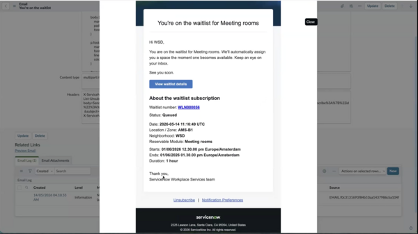 Email notification sent to employees to inform that they are on a waitlist.