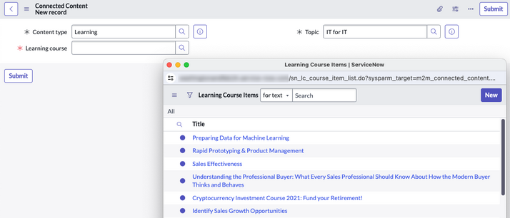 The Learning course field opens a new window with all the learning course items listed.