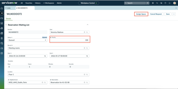 Selected reservation waitlist record showing priority field and Assign a space tab.