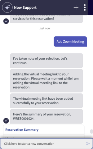 Now Assist in Virtual Agent acknowledges adding the virtual meeting link to your reservation along with the Workplace Case task created for this request.