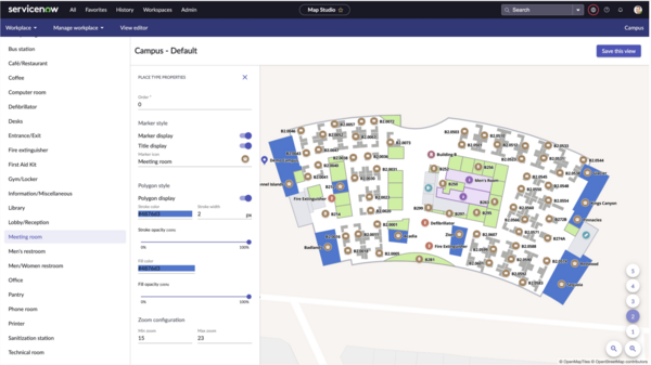 Indoor mapping Map studio showing a campus with buildings, floors, and place types.