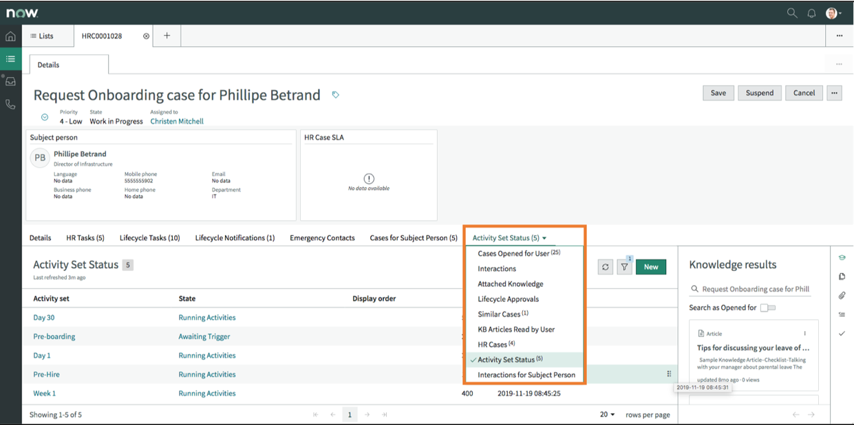 HR Agent Workspace - Activity Set Status tab