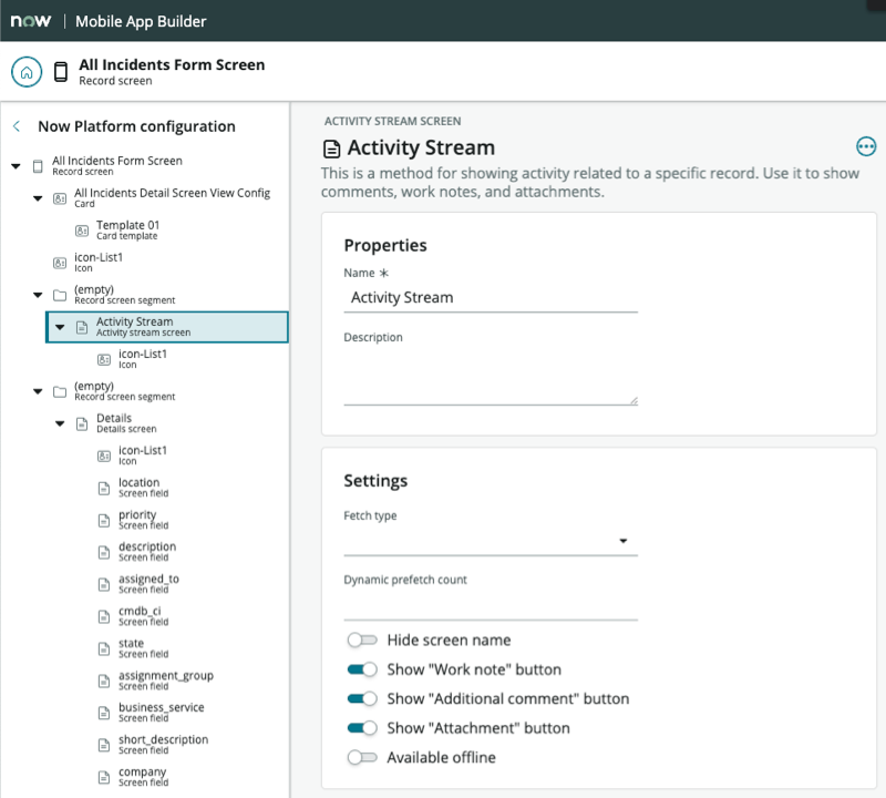 Kontrollkästchen „Anhang“ im Bildschirmkonfigurationsformular in Mobile App Builder.