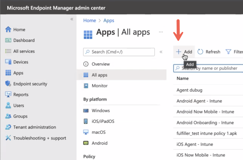 App-Option „Hinzufügen“ im Admin Center von Microsoft Endpoint Manager.