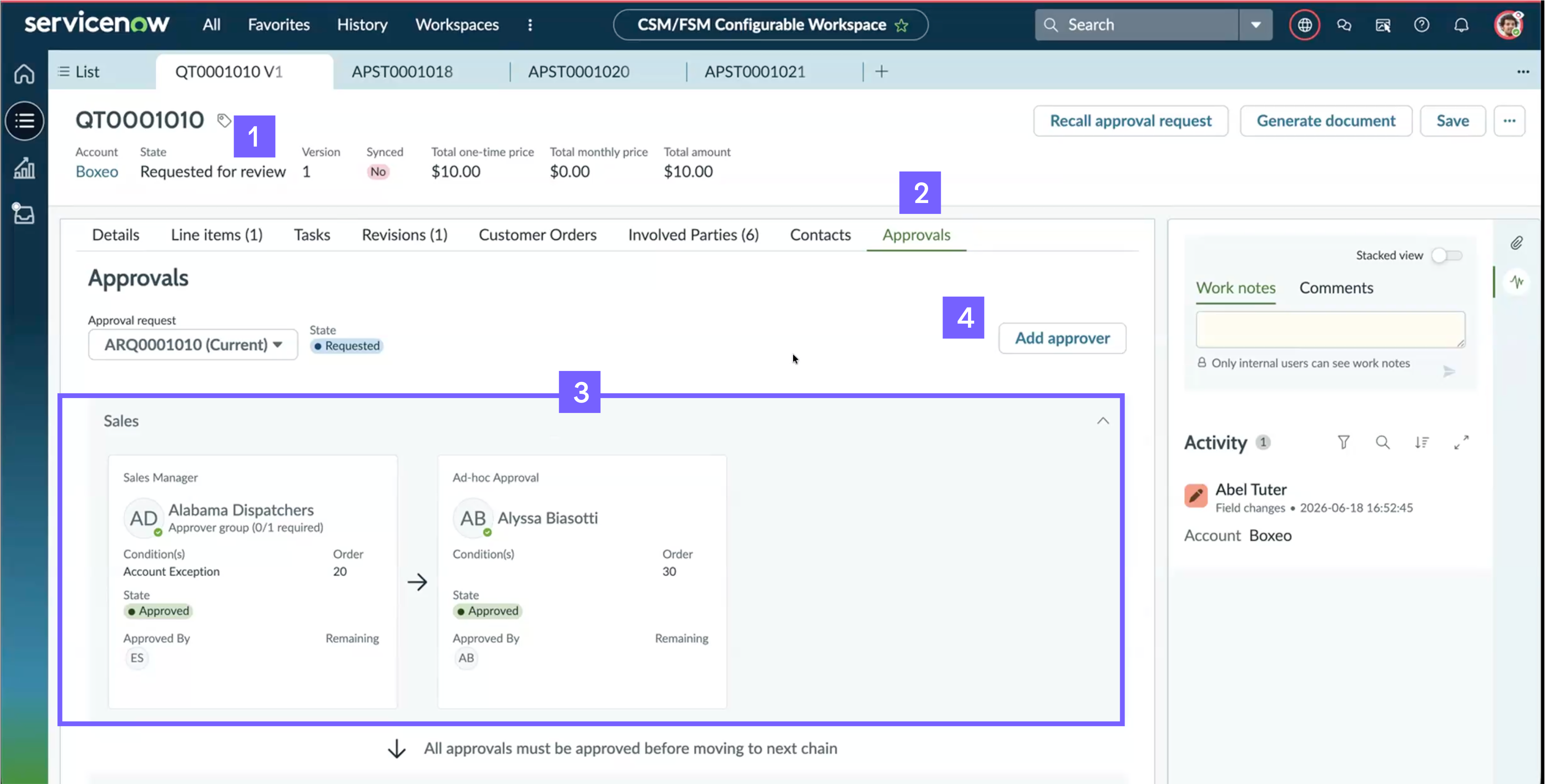 Approval workflow that shows an approval chain for a quote. The following table describes key elements of the interface.