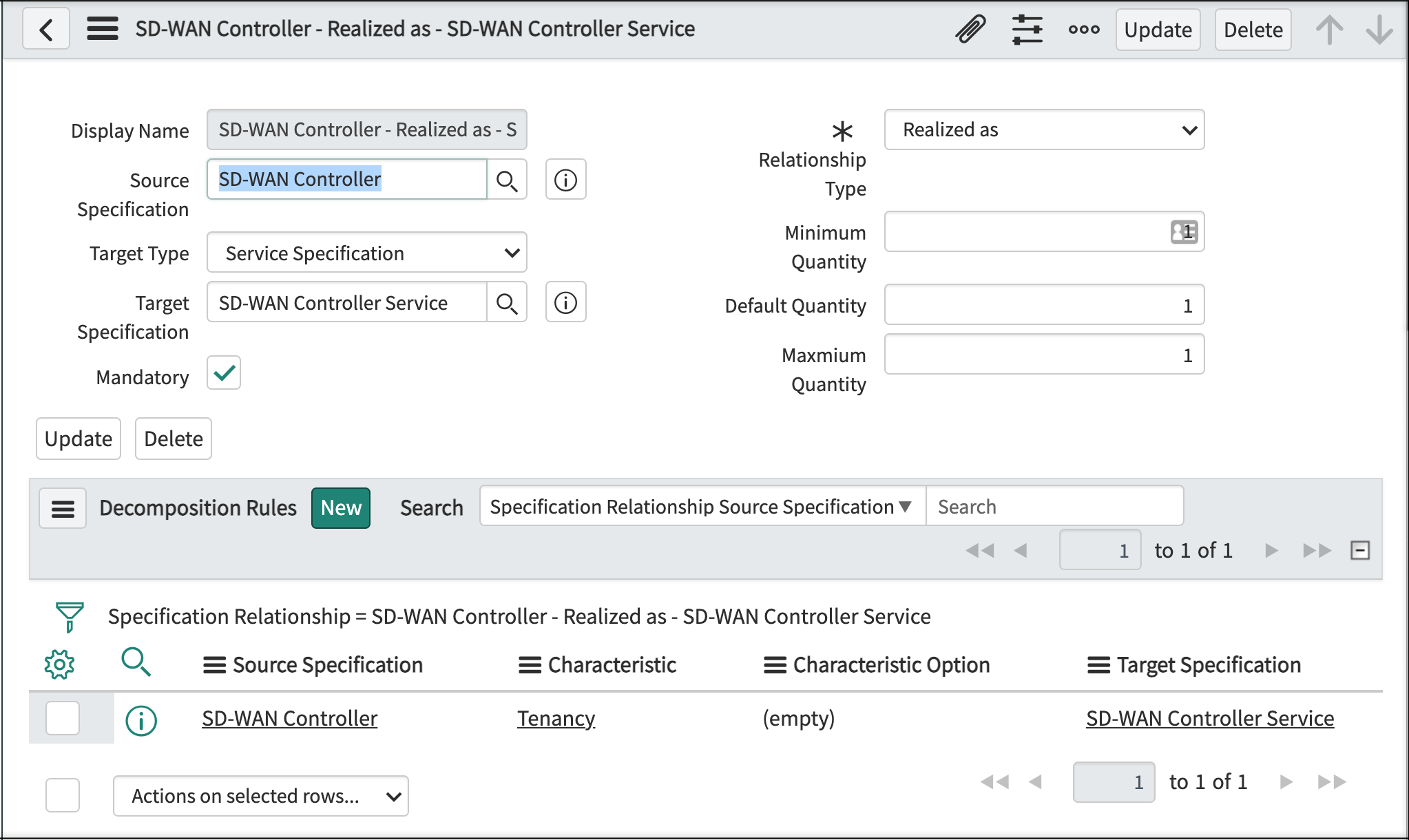 Product Specification page displaying the decomposition rules tab view of SD-WAN controller along with field description. For more information, refer to the description that follows.