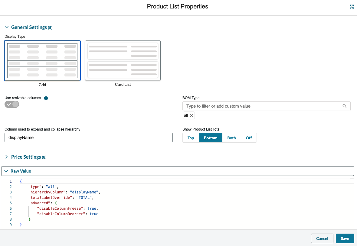 Product list properties