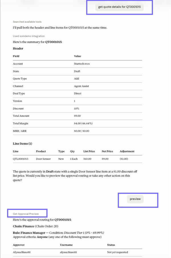 Chat that shows the quote header and line details returned and the suggested next action to preview approval routing for the