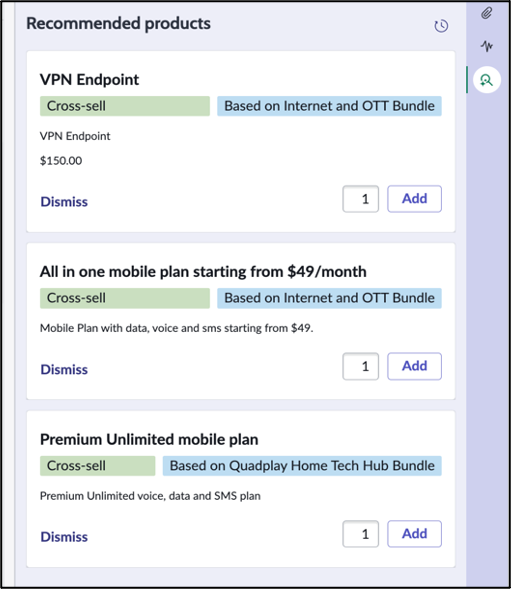 Recommended product cards for products that agents can cross-sell to customers in the contextual side panel of the CSM Workspace.