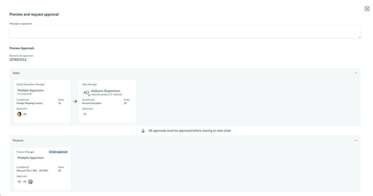 Approval request preview that shows approval steps and approvers in the Sales chain and the approval step and approvers for Finance