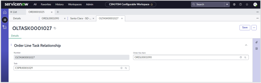 Order line task view that shows Details tab of order line task relationship