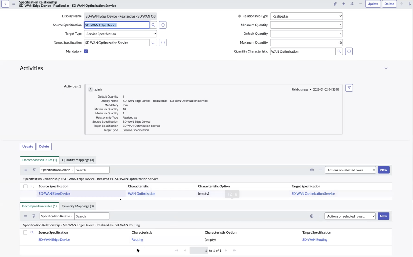 View of the decomposition rules tab view of SD-WAN edge device and its field details. For the image description, refer to the text that follows.
