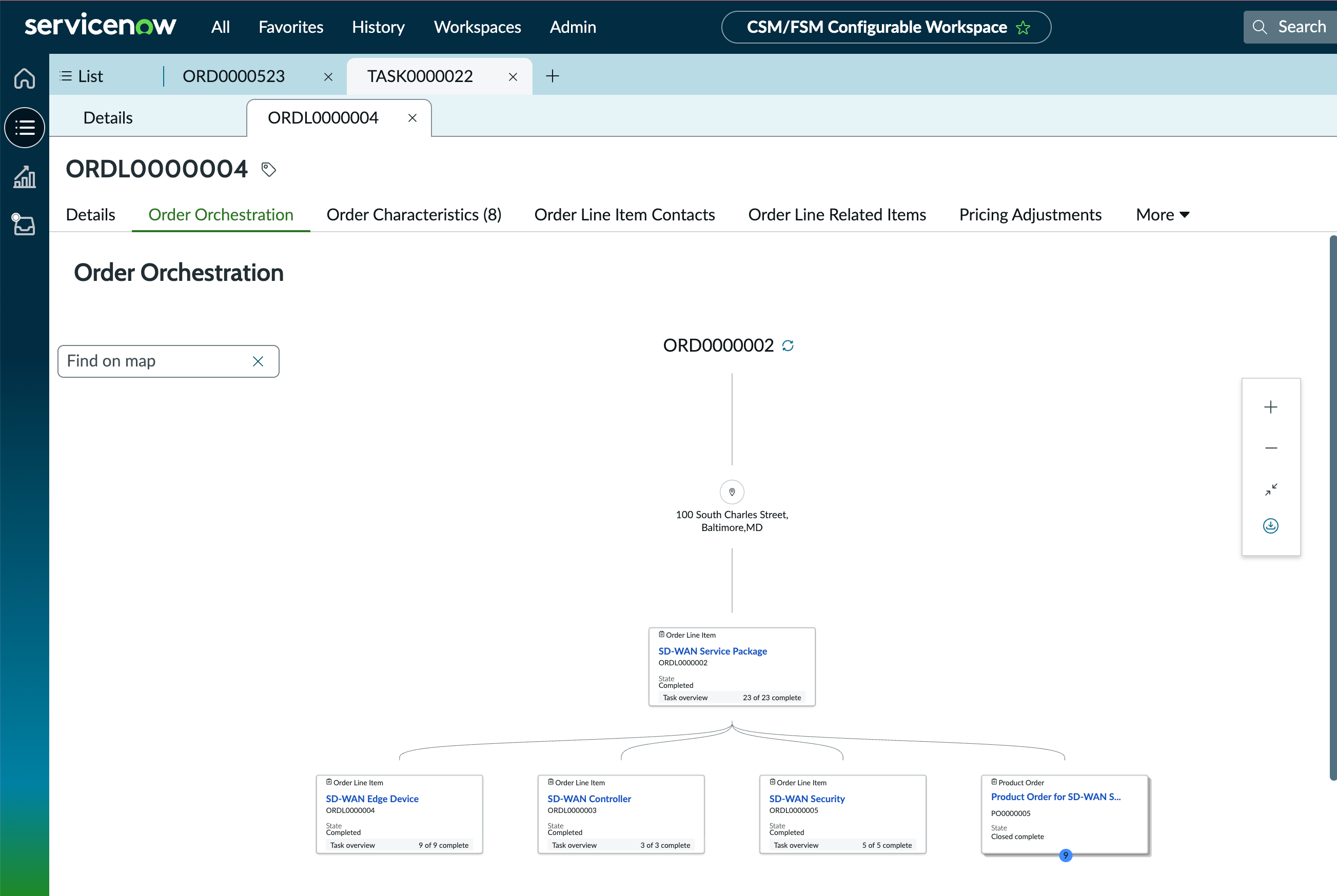 Infographic showing order orchestration tab view of a order. For text description, refer to using order orchestration UI for fulfillment section.