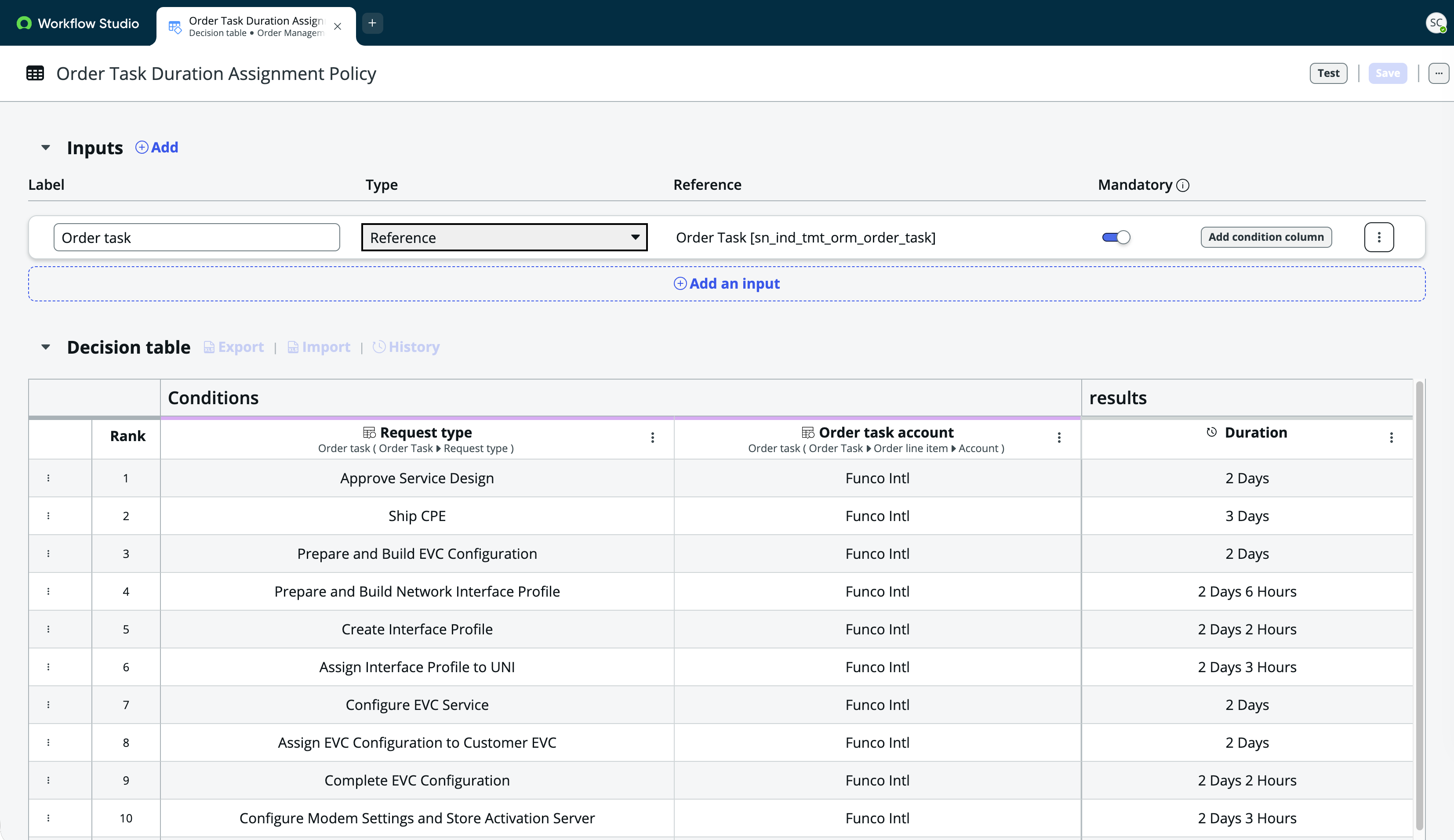 The image shows the Order Task Duration Assignment policy window in Workflow Studio.
