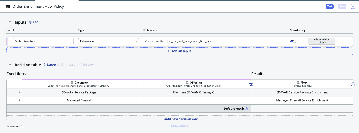 Order Enrichment Flow Policy decision table for configuring the order enrichment process.