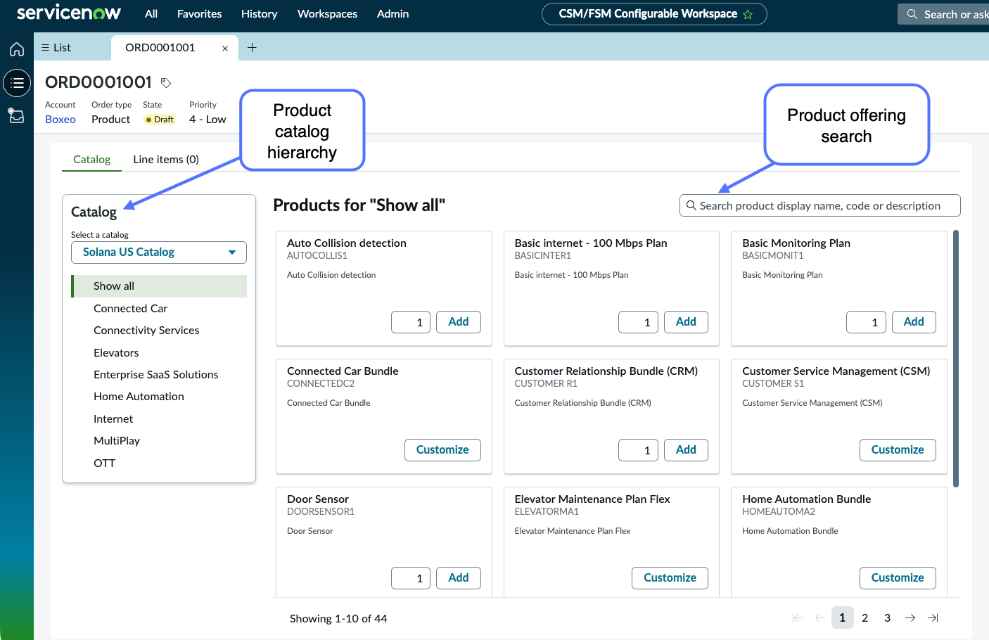 Product catalog interface that shows the product catalog hierarchy, product tiles with images, and search option.