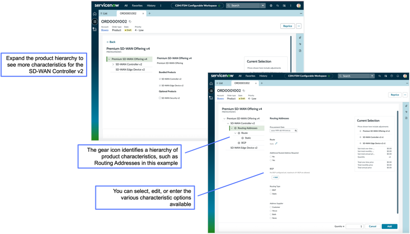 Product configurator interface showing the gear icon that identifies hierarchical product characteristics available