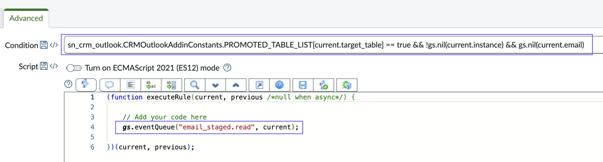 Advanced tab with Condition and Script fields populated.