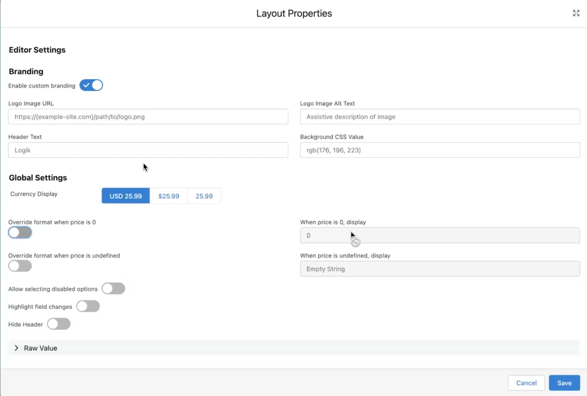 Transaction Manager: layout properties dialog