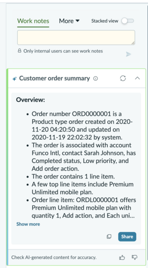Customer order summary.
