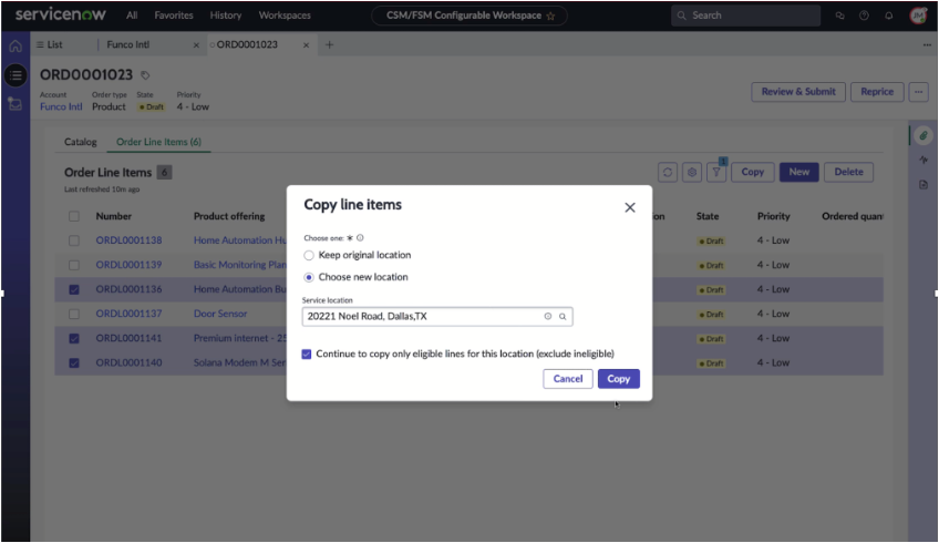 Copy line items dialog box to copy order line item to another location
