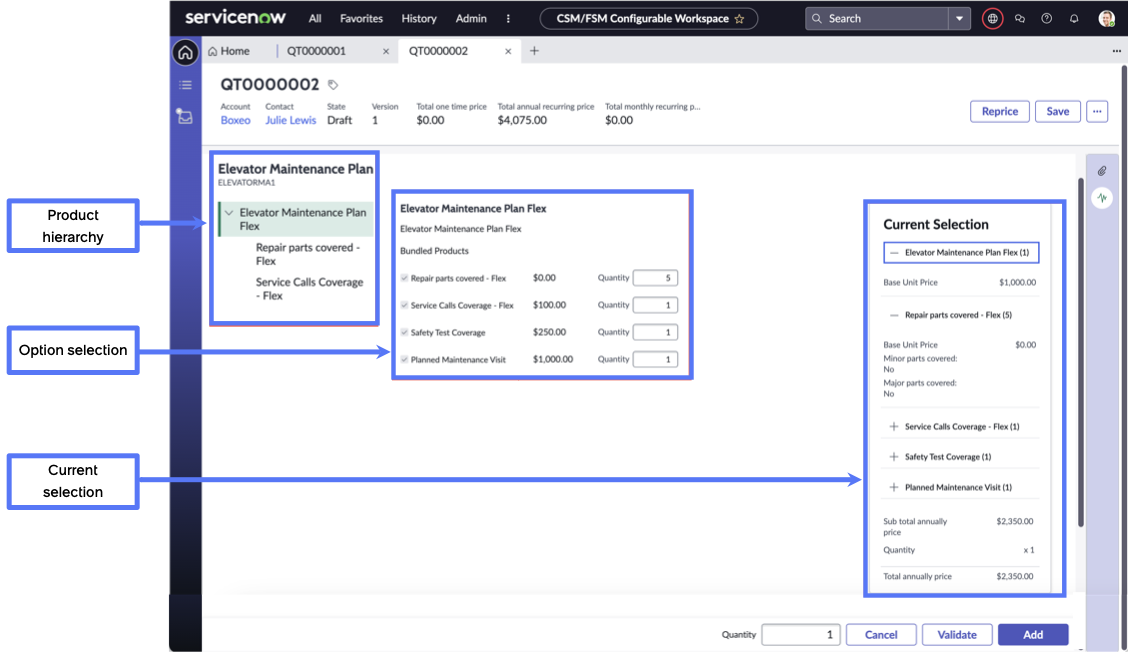 The image shows the legacy product configurator UI with the Product Hierarchy, Option Selection, and Current Selection sections highlighted.
