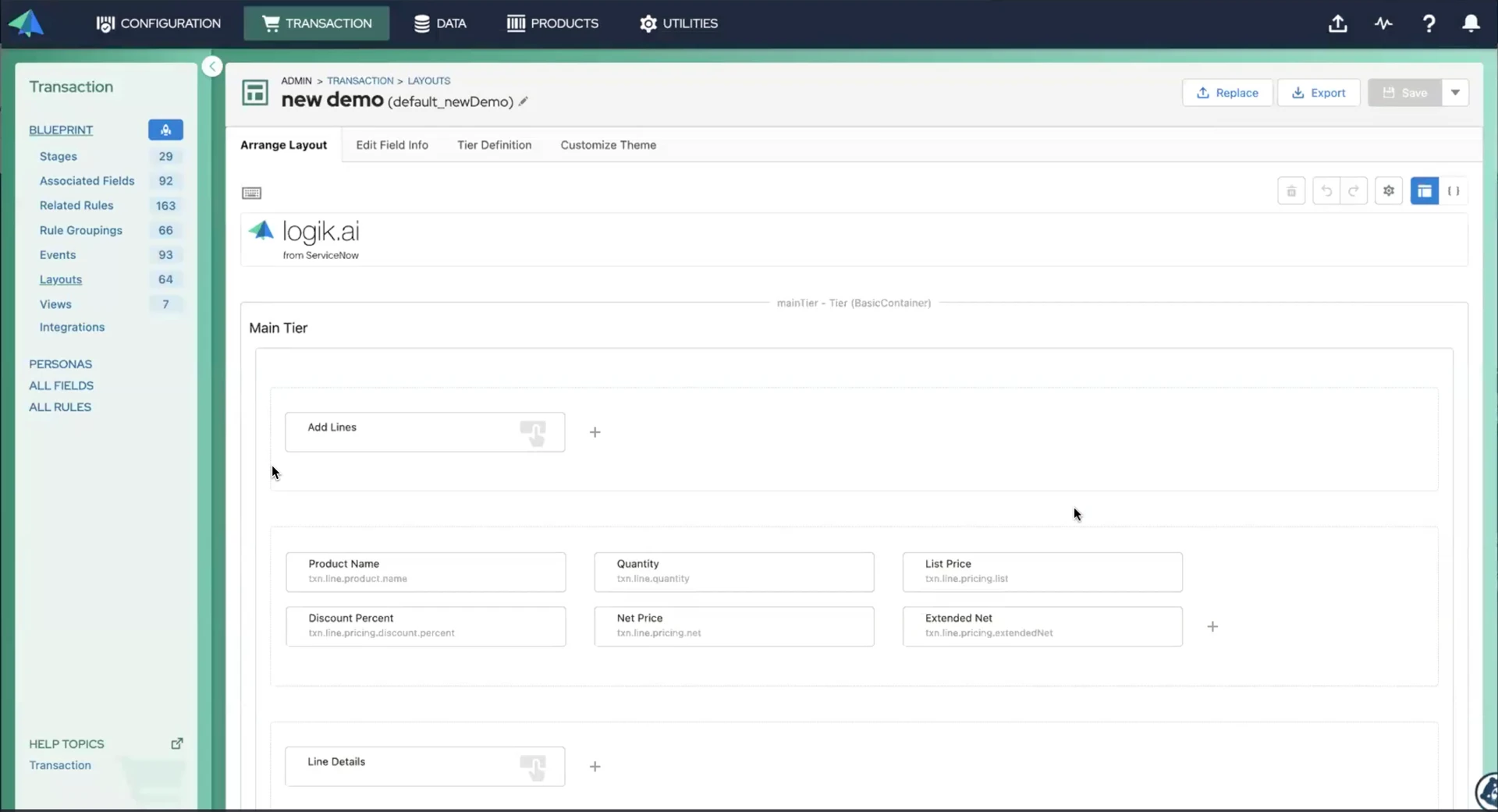 Transaction Manager: view of new layout