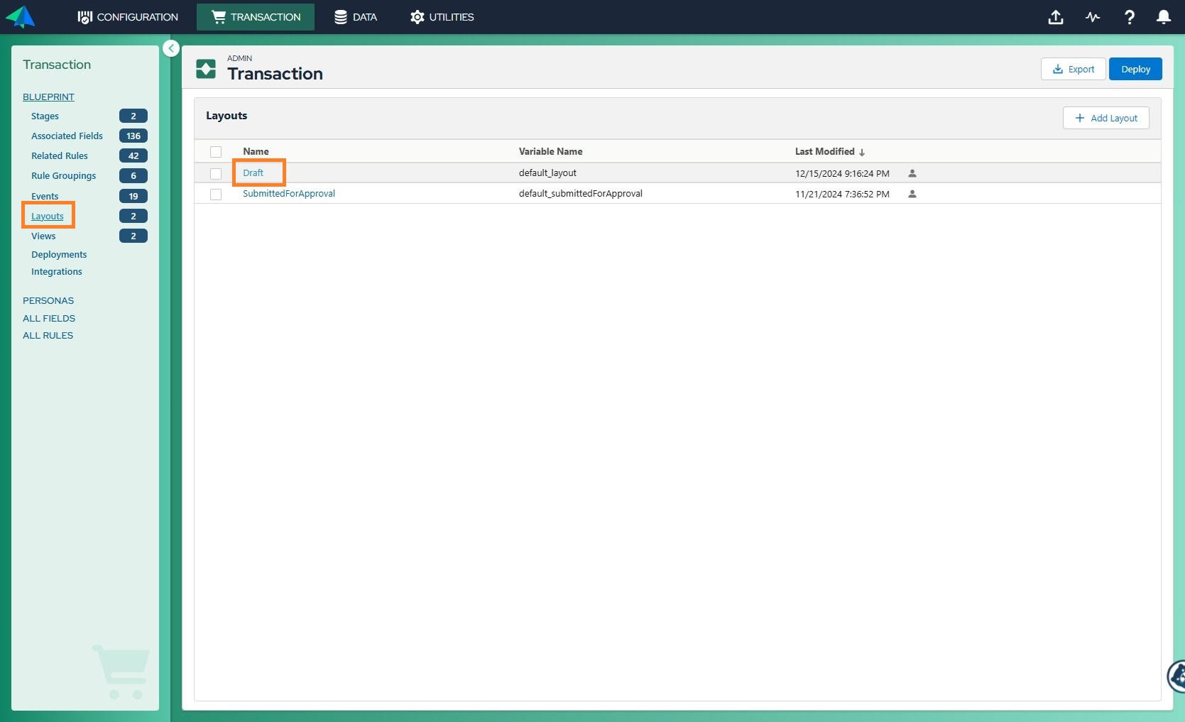 Transaction screen