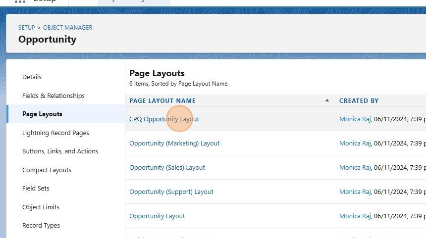 Page layouts screen