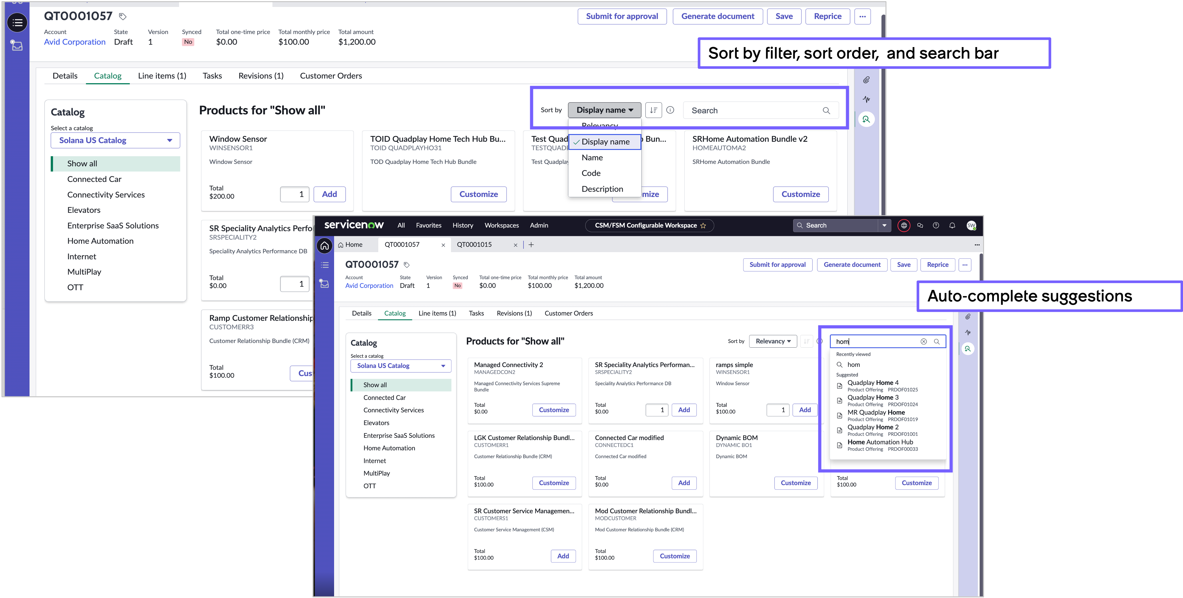AI Search features in product catalog interface: Sort by filter options, sort order, and search bar. Another example shows search bar with auto-complete suggestions.