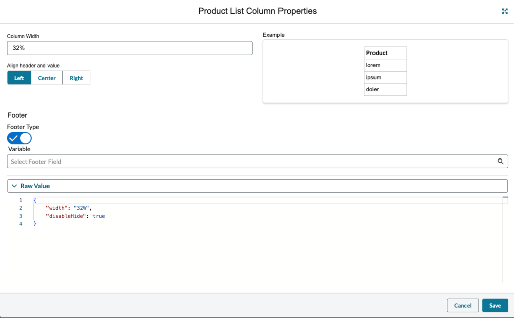 Product list column properties