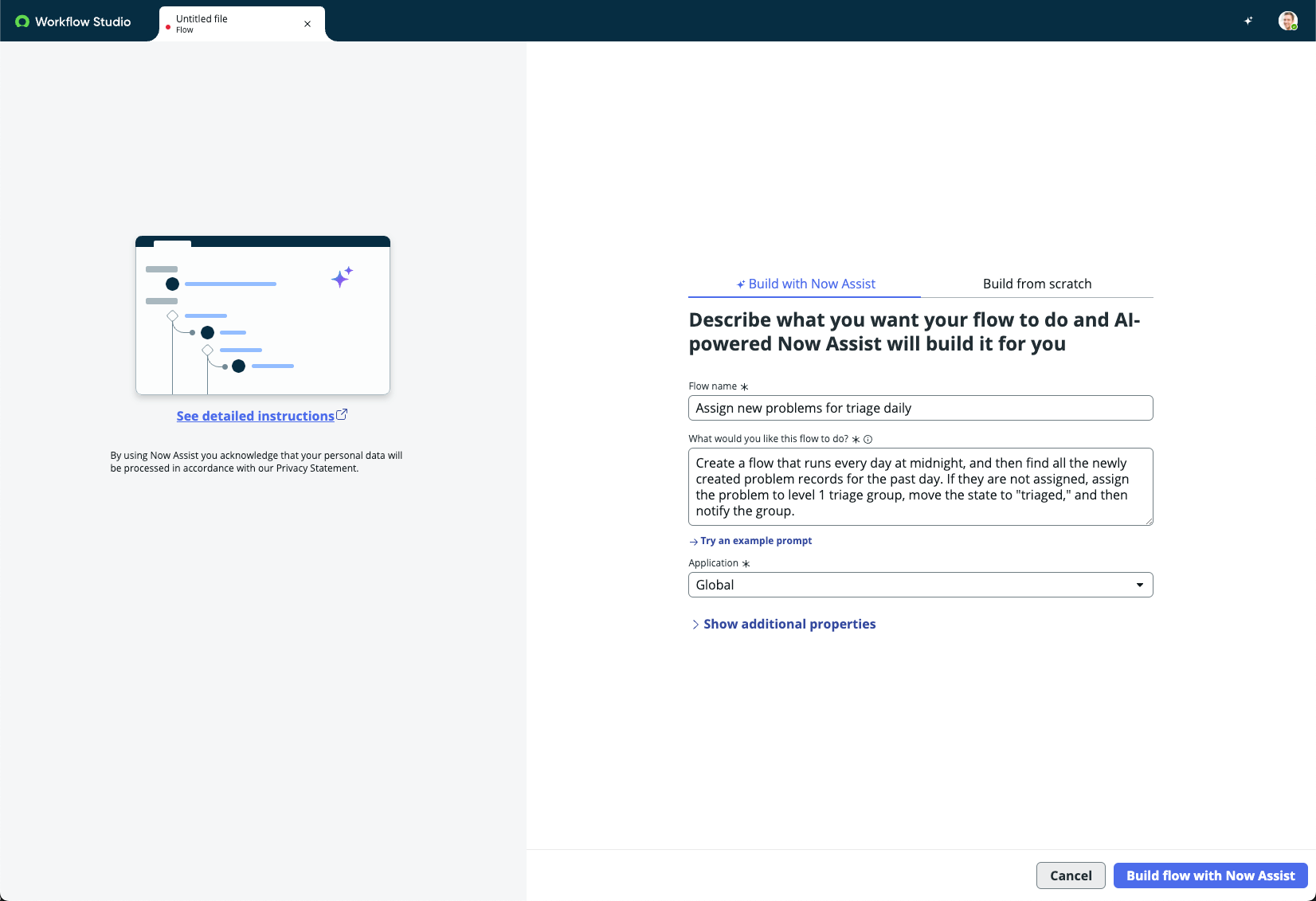 Dialog window with options to build a flow with Now Assist